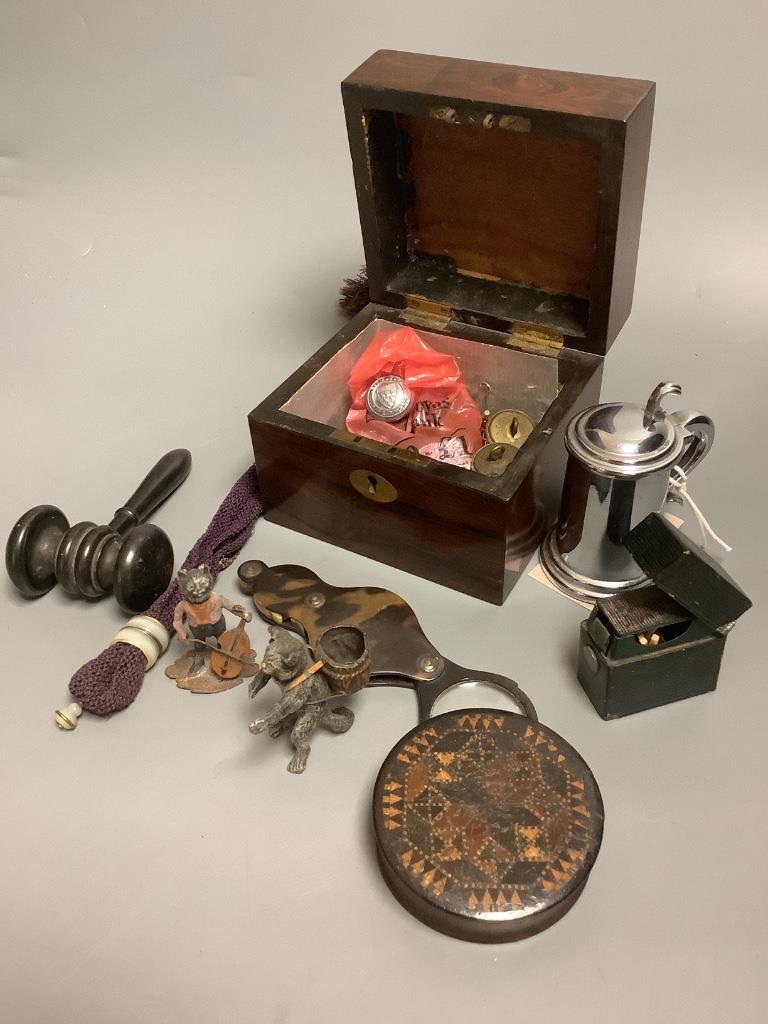 A quantity of assorted collectables to include a turned gavel, a Dunhill tankard lighter, a Tunbridgeware snuff box, etc